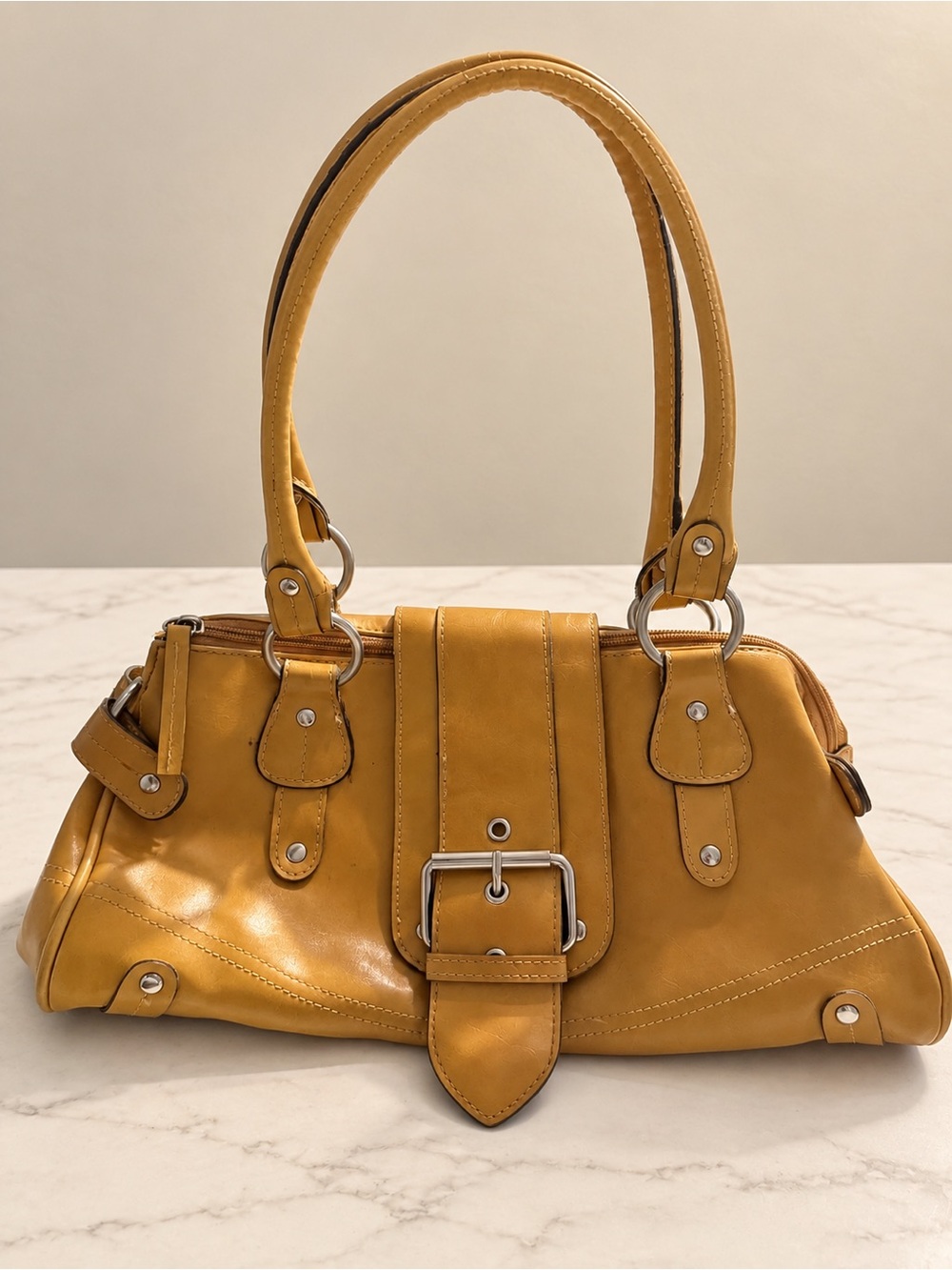 Mustard Yellow Leather Buckle-Front Shoulder Bag